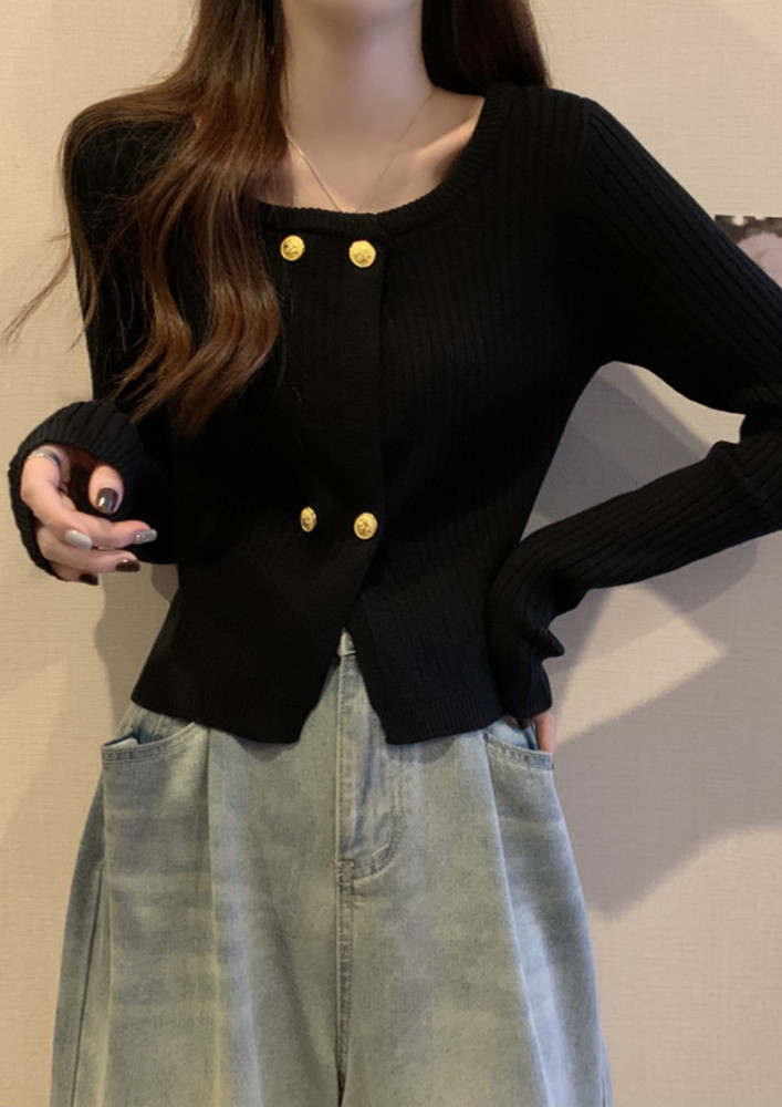RIBBED DOUBLE BUTTON DETAIL BLACK CARDIGAN