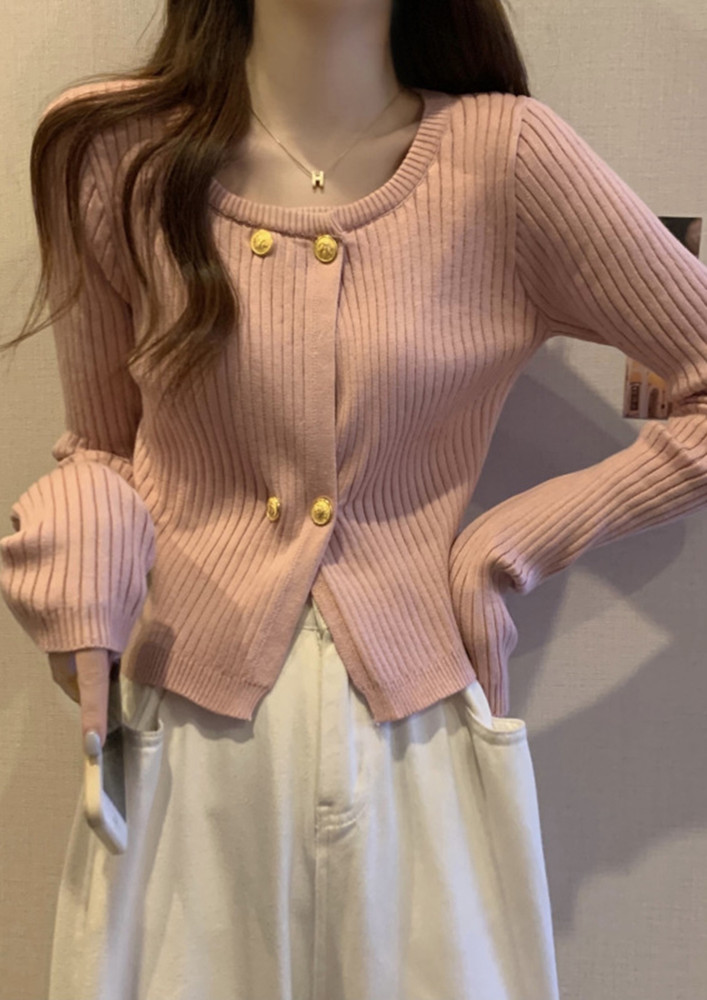 RIBBED DOUBLE BUTTON DETAIL PINK CARDIGAN