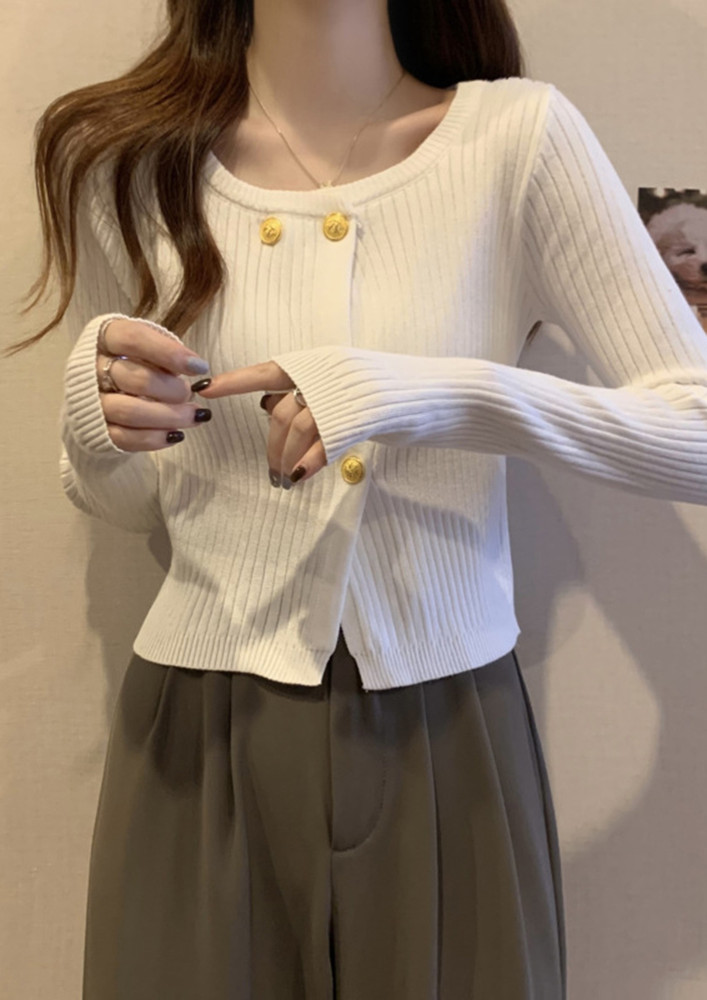 RIBBED DOUBLE BUTTON DETAIL WHITE CARDIGAN