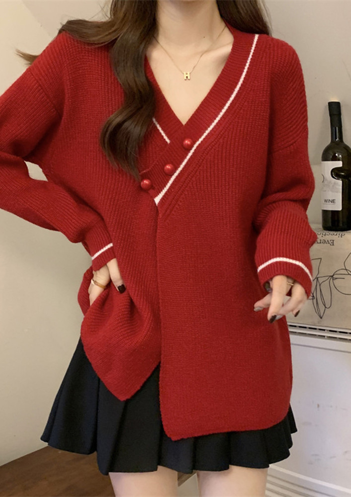 RED IMITATION-PEARL-BUTTON CARDIGAN