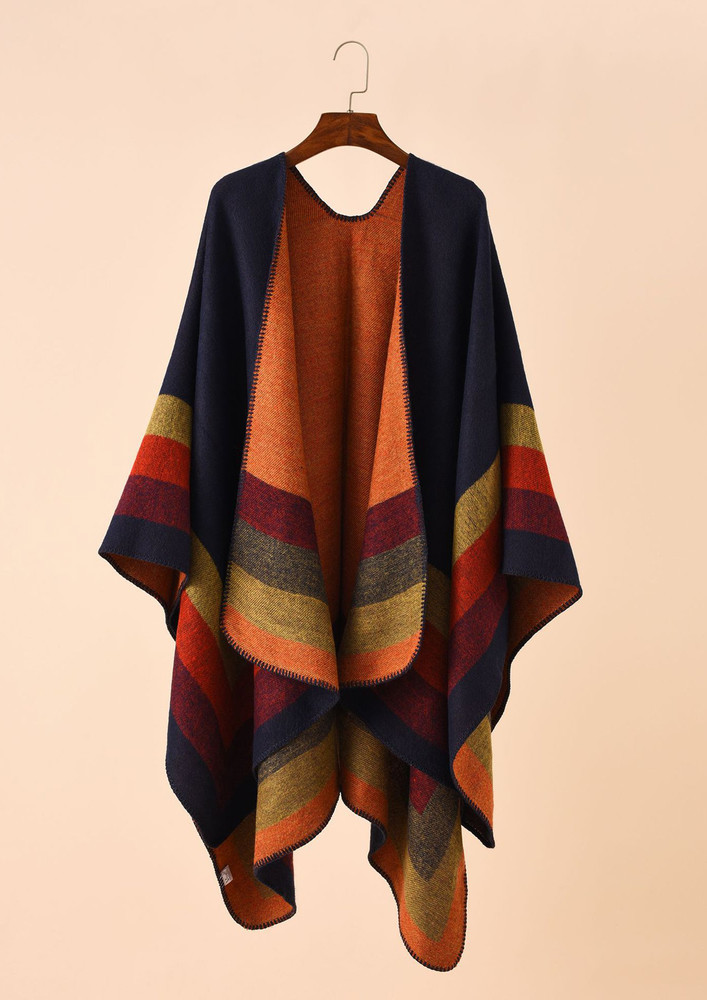 NO LABELS WHEN IT COMES TO LUXURY, STRIPE PRINT, NAVY BLUE, REVERSIBLE, SHAWL, CAPE
