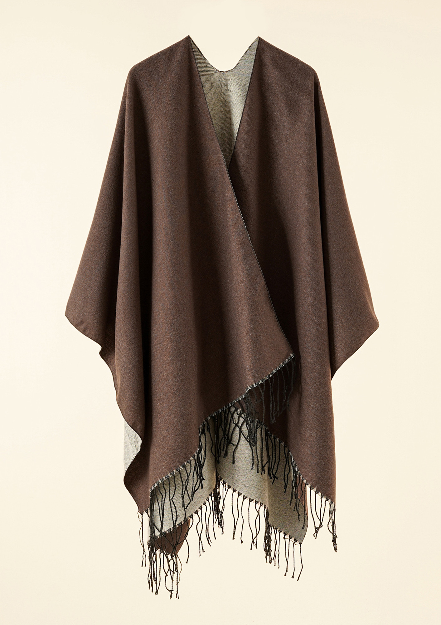 REVERSIBLLY YOURS IN A KNITTED, TASSEL DETAIL, BROWN, SHAWL CAPE