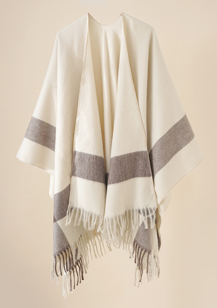 BETTER WARM THAN REGRET LATER, POLYESTER, FRINGE DETAIL, KNITTED, BEIGE, SHAWL, CAPE