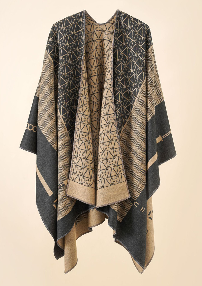 ALL SET FOR STREET STYLE, BLACK, REVERSIBLE, GEOMETRIC PRINT, TWO-TONED, SHAWL, CAPE