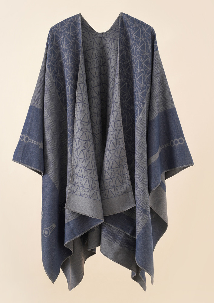 ALL SET FOR STREET STYLE, NAVY BLUE, REVERSIBLE, GEOMETRIC PRINT, TWO-TONED, SHAWL, CAPE