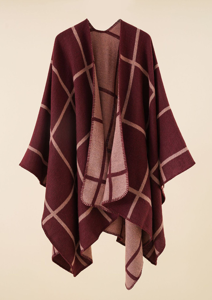 FEELING THE LUSH WARMTH IN MY, DEEP RED, REVERSIBLE, SPLIT PLAID PRINT, SHAWL, CAPE
