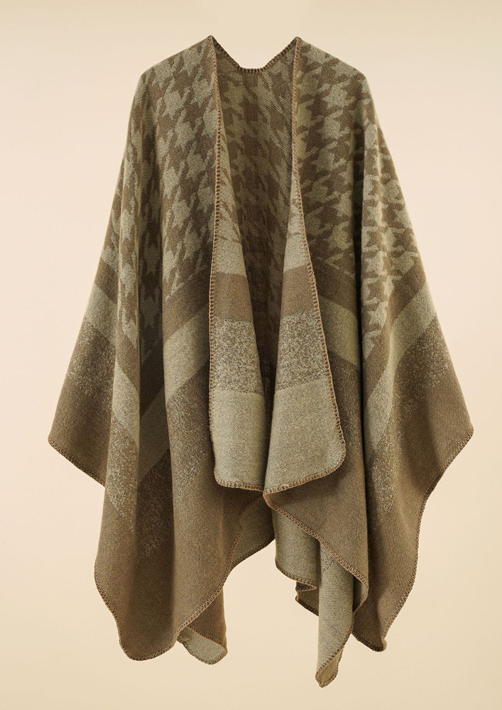 STAY WARMER GURLZ, KHAKI, REVERSIBLE, HOUNDSTOOTH AND STRIPE PRINT DETAIL, SHAWL, CAPE