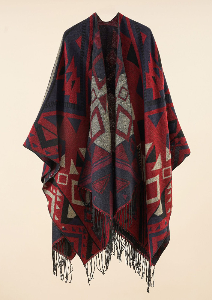 COZY-WARM-DAYS CALLING FOR, RED, REVERSIBLE, GEOMETRIC PRINT, FRINGE DETAIL, SHAWL, CAPE