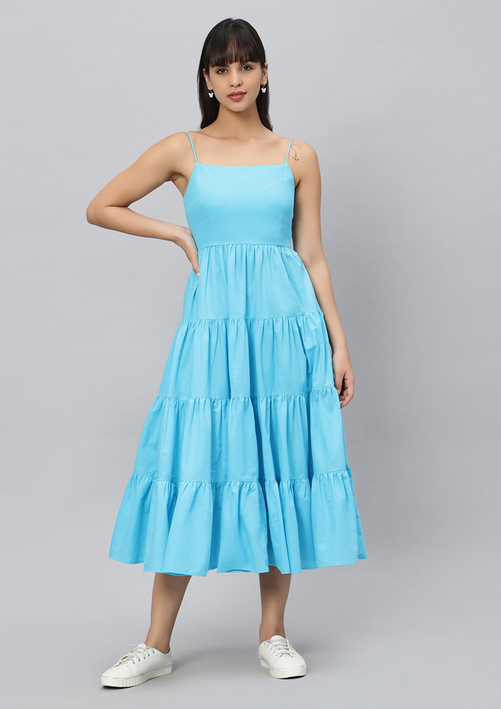 Blue Tiered Cotton Midi Dress