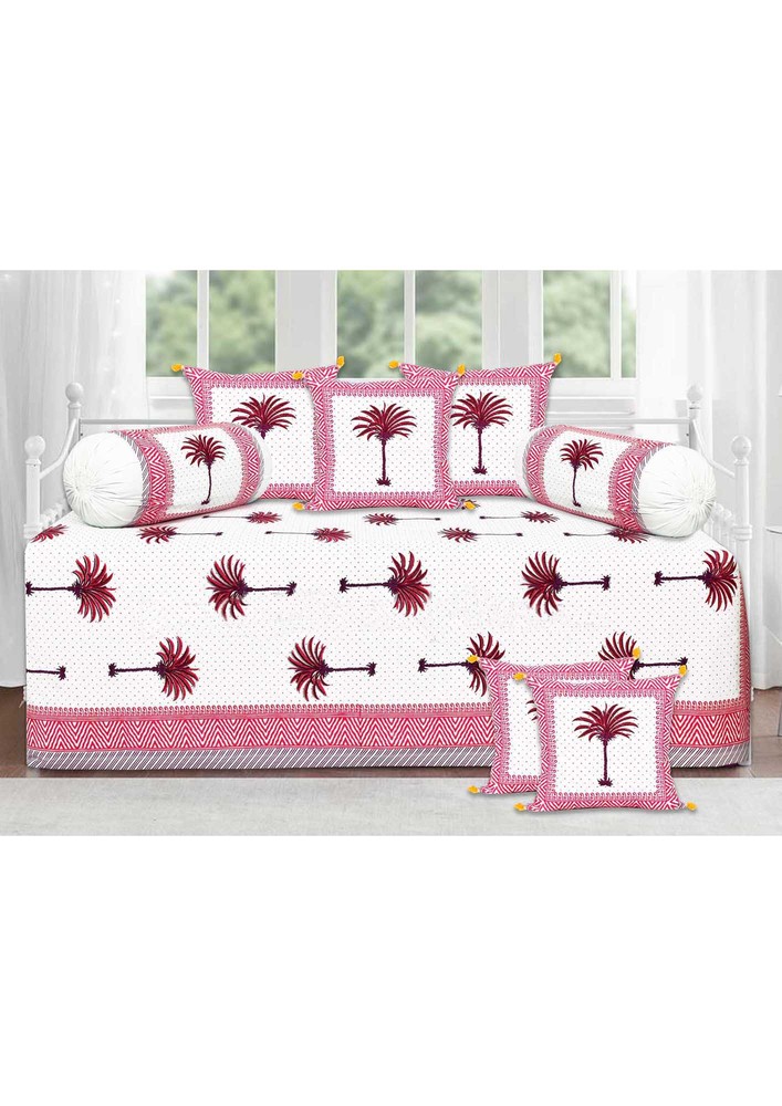 Dark pink palm polka mercerised Cotton Premium diwan set
