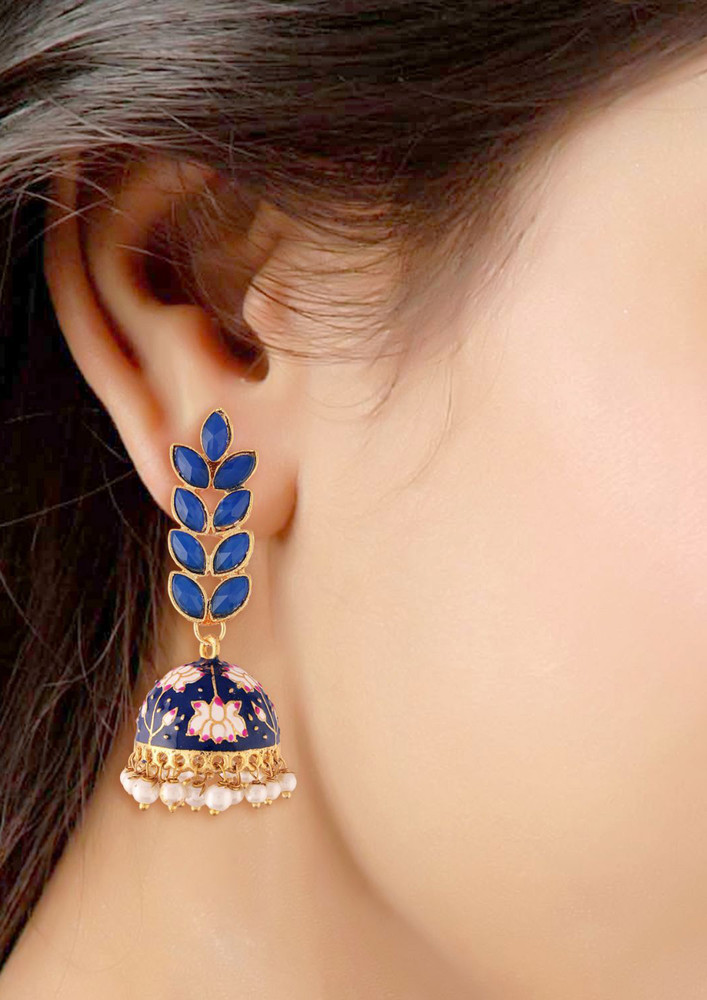 I Jewels 18k Gold Plated Meena Work Leaf Shaped Jhumki Earring For Women (e2922g)-e2922bl