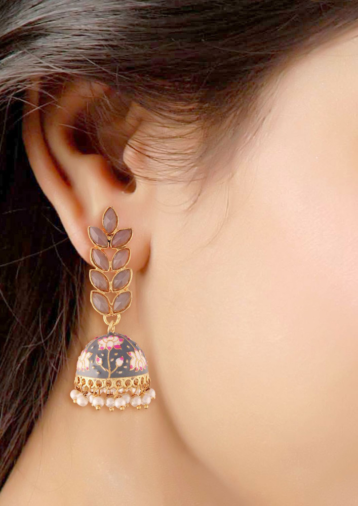 I Jewels 18k Gold Plated Meena Work Leaf Shaped Jhumki Earring For Women (e2922gr)-e2922gr