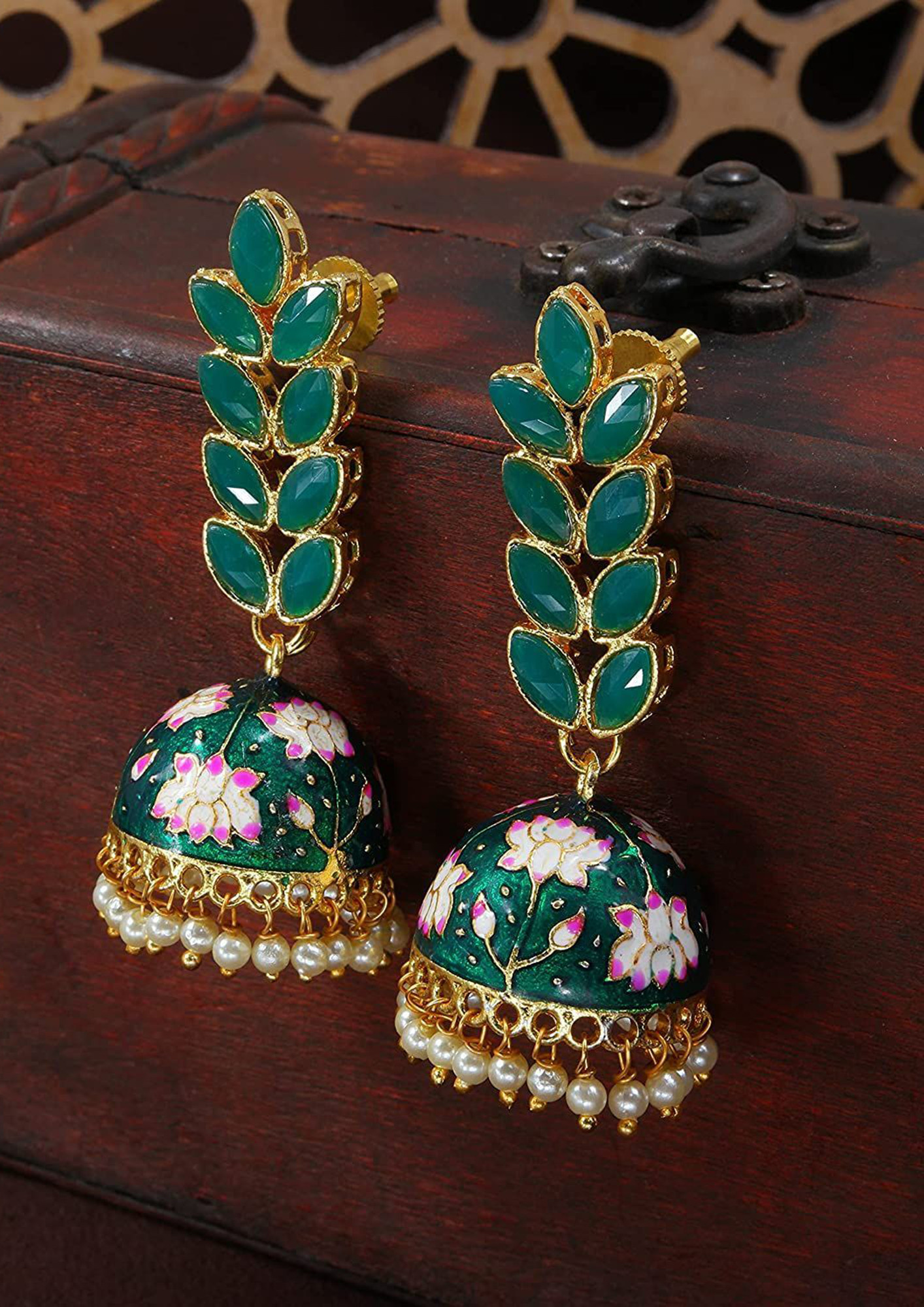 I Jewels 18k Gold Plated Meena Work Leaf Shaped Jhumki Earring For Women (E2922G)-E2922G