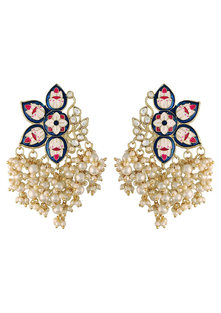 I Jewels 18k Gold Plated Traditional Floral Design Kundan Studded Pearl Drop Earrings For Women (e2923bl)-e2923bl