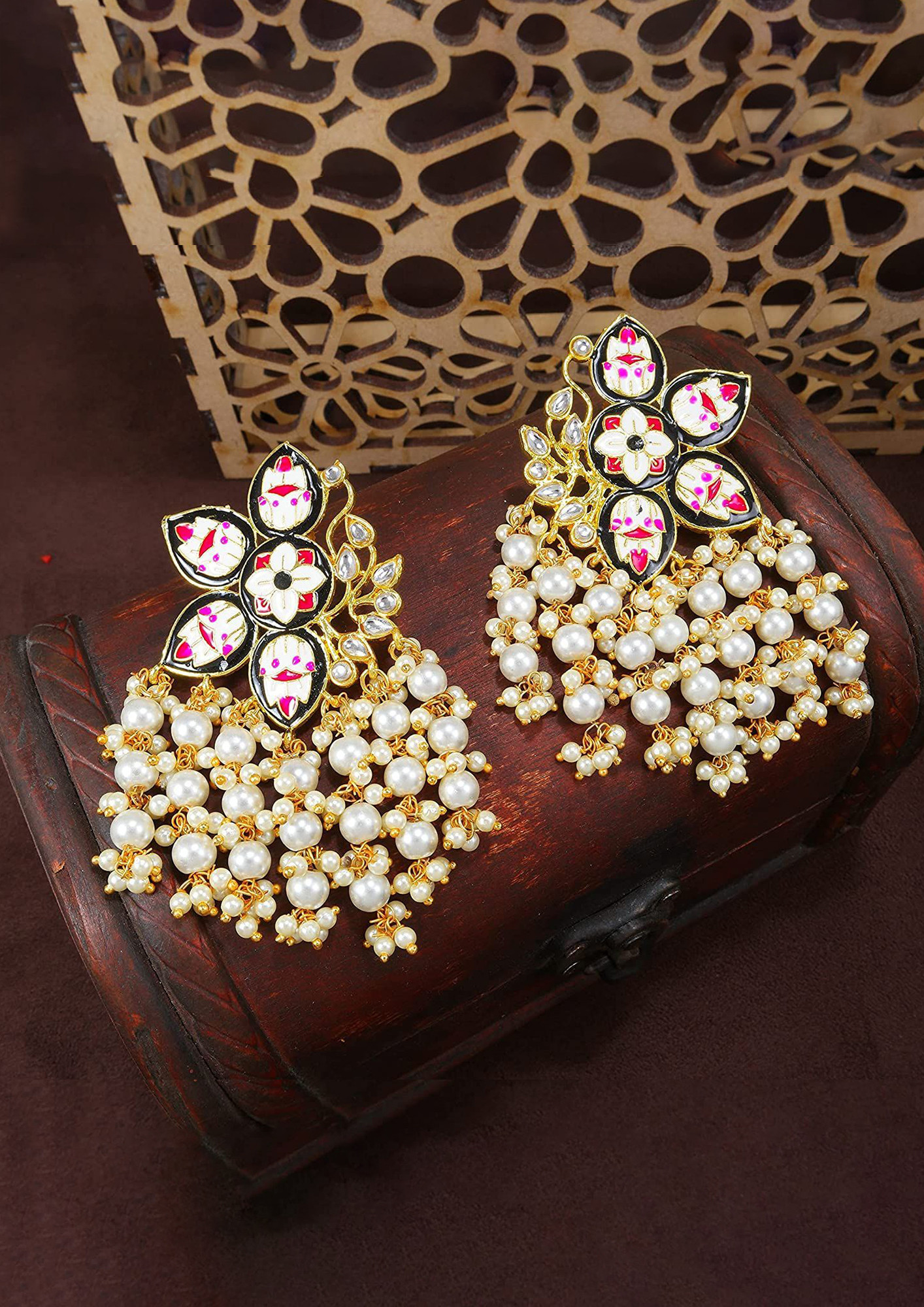 I Jewels 18k Gold Plated Meena Work Pearl Kundan Studded Drop Earring For Women (E2923B)-E2923B