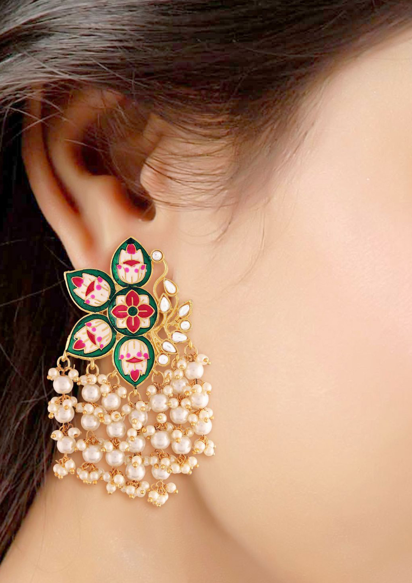 I Jewels 18k Gold Plated Meena Work Pearl Kundan Studded Drop Earring For Women (E2923G)-E2923G