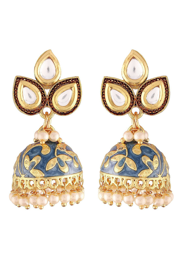 I Jewels 18k Gold Plated Meena Work Pearl Studded Jhumki Earring For Women (e2924bl)-e2924bl