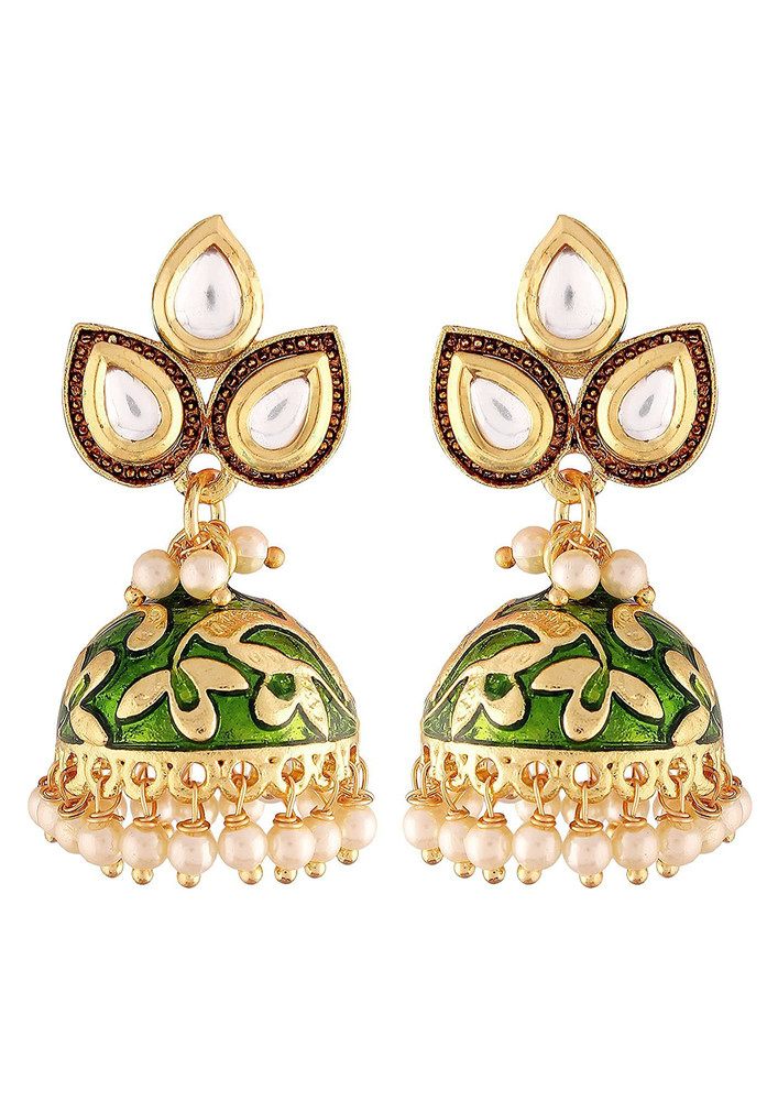 I Jewels 18k Gold Plated Meena Work Pearl Studded Jhumki Earring For Women (e2924g)-e2924g
