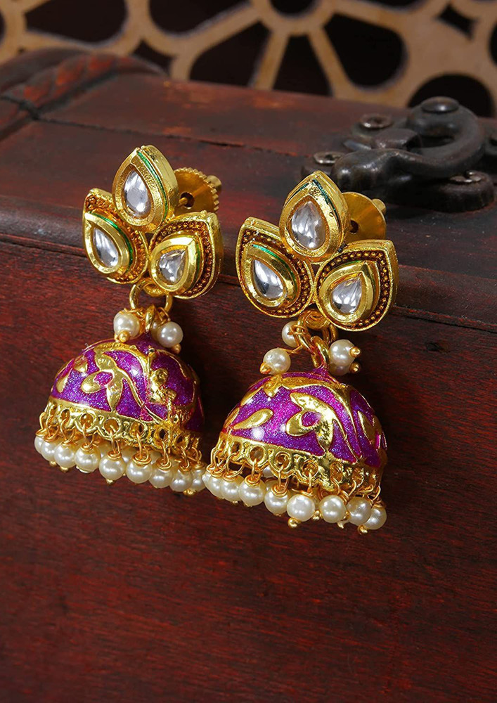 I Jewels 18k Gold Plated Meena Work Pearl Studded Jhumki Earring For Women (e2924pu)-e2924pu