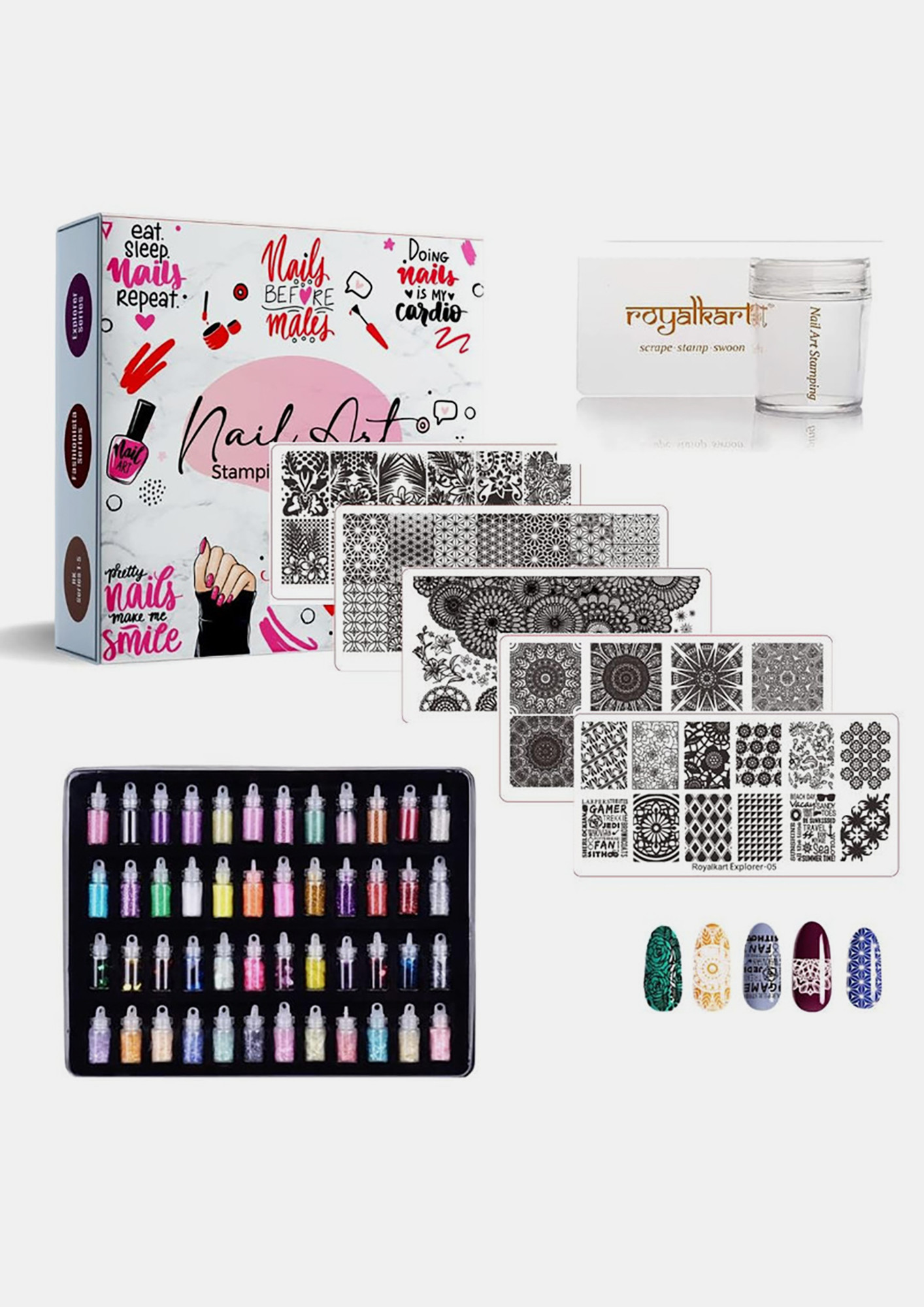 Nail Art Kit With 2 Plates, 15 Pc Nail Art Brush Set, 5 Pc Nail Dotting Tool  Set, 1 Silicon Stamper And Scrapper Complete Set. - 24x7 eMall