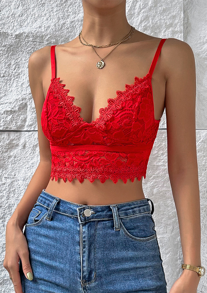 RED SOLID LACY FITTED BRALETTE