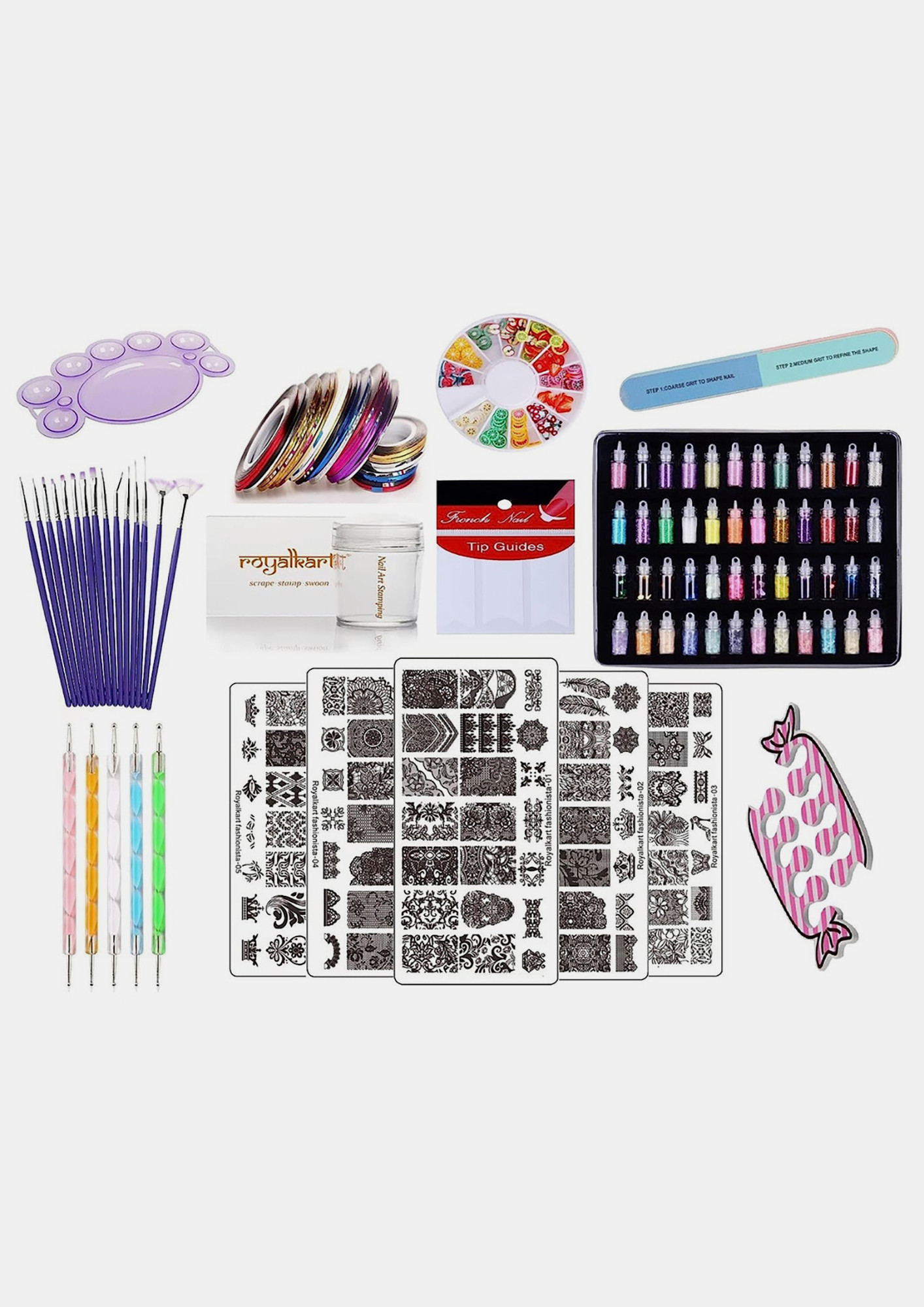 Buy Royalkart Nail Art Kit For Girls, 48 Pcs Glitter Bottles Rhinestones, 15  Nail Art brush, 5 Stamping Plates,Dotting Pen, French Nail  Stamper,Scraper,Finger Rest,Nail Art Buffer,Fimo Clay Wheel,Finger Tip  Guide