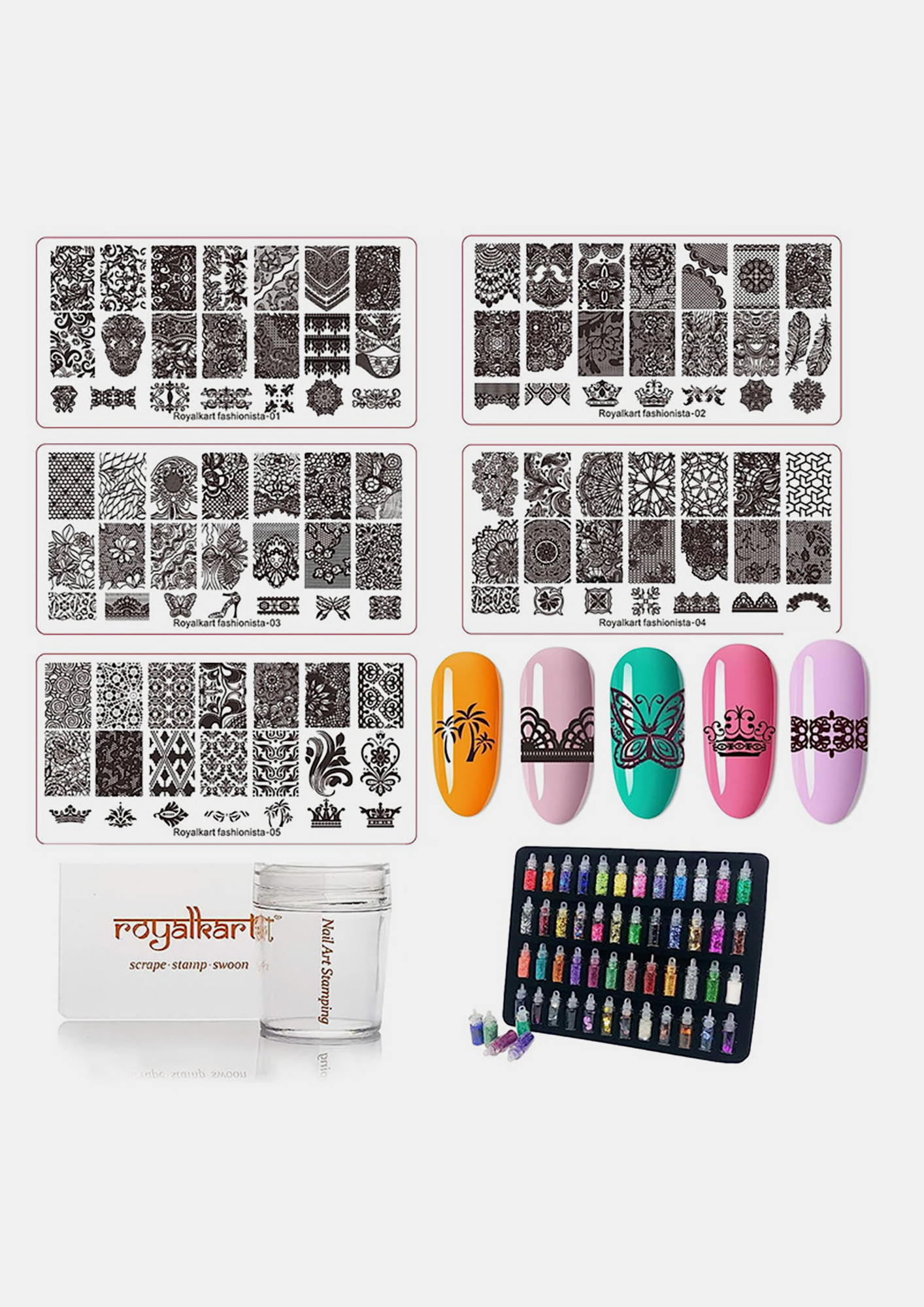 Buy Royalkart Nail Art Kit For Girls, 48 Pcs Glitter Bottles Rhinestones, 15  Nail Art brush, 5 Stamping Plates,Dotting Pen, French Nail  Stamper,Scraper,Finger Rest,Nail Art Buffer,Fimo Clay Wheel,Finger Tip  Guide