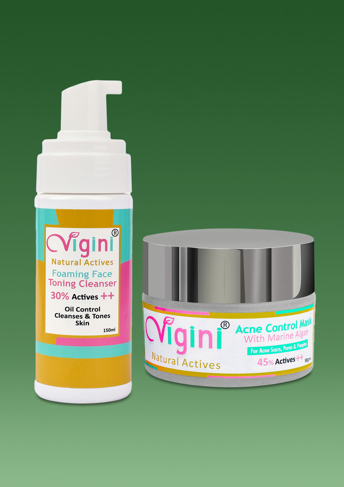 Vigini 30% Actives Anti Acne Foaming Toning Cleansing Wash & 45% Actives Marine Algae Clay Face Mask Oil
