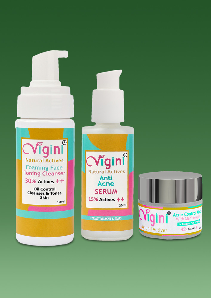 Vigini Anti Acne Foaming Toning Cleansing Wash + Face Serum + Marine Algae Clay Mask Control Oil & Sebum Pimples Removal