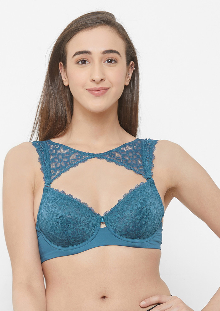 Soie Moroccan- Blue Medium Coverage Non Padded Wired Lace Demi Cup Bra