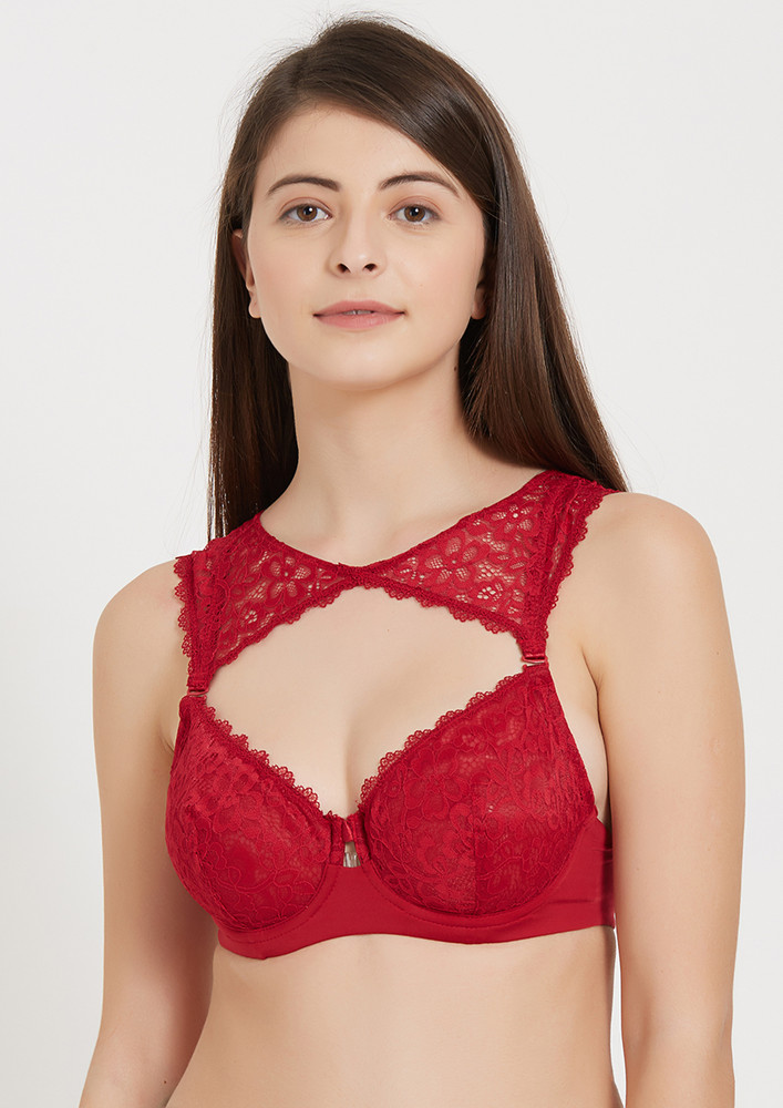Soie Wild-red Medium Coverage Non Padded Wired Lace Demi Cup Bra
