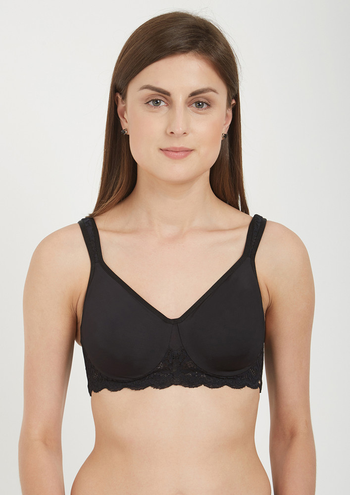 Soie Black Women's Full Coverage Non-padded Wired Lace Bra