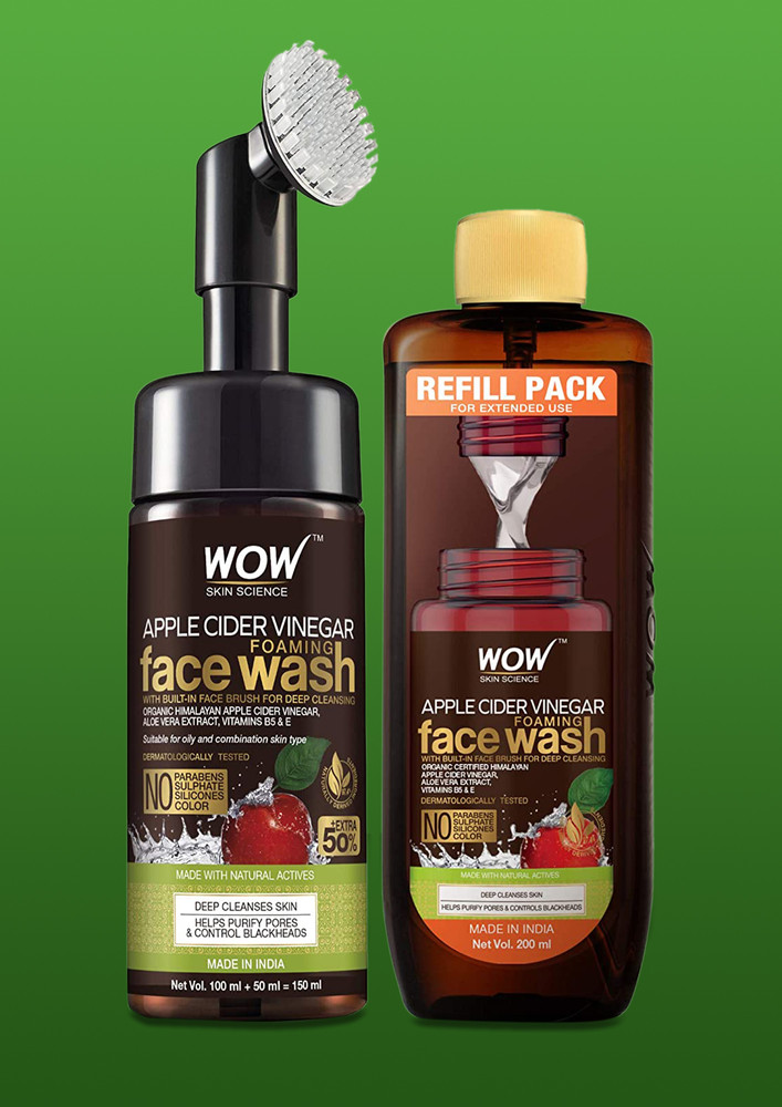 WOW Skin Science Apple Cider Vinegar Foaming Face Wash Save Earth Combo Pack- Consist of Foaming Face Wash with Built-In Brush & Refill Pack - No Parabens, Sulphate, Silicones & Color - Net Vol. 350mL