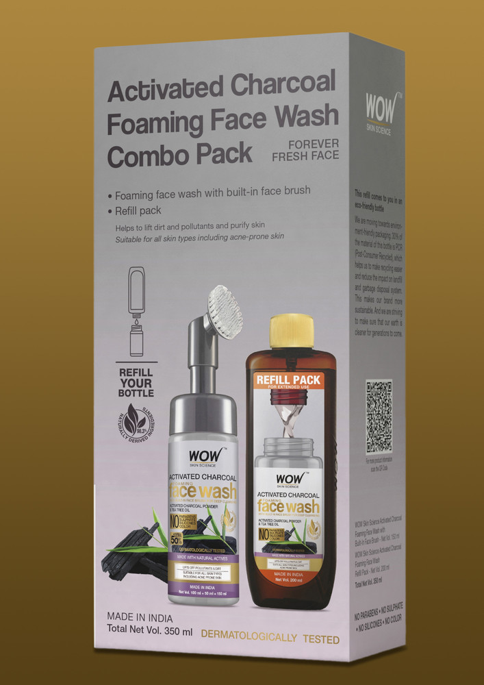 WOW Skin Science Activated Charcoal Foaming Face Wash Save Earth Combo Pack- Consist of Foaming Face Wash with Built-In Brush & Refill Pack - No Parabens, Sulphate, Silicones & Color - Net Vol. 350mL