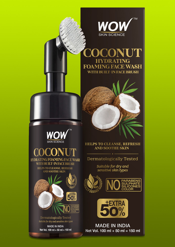 Wow Skin Science Coconut Hydrating Foaming Face Wash With Built-in Face Brush - With Coconut Water - For Cleansing, Soothing Skin - No Parabens, Sulphate, Silicones & Color - 100 Ml