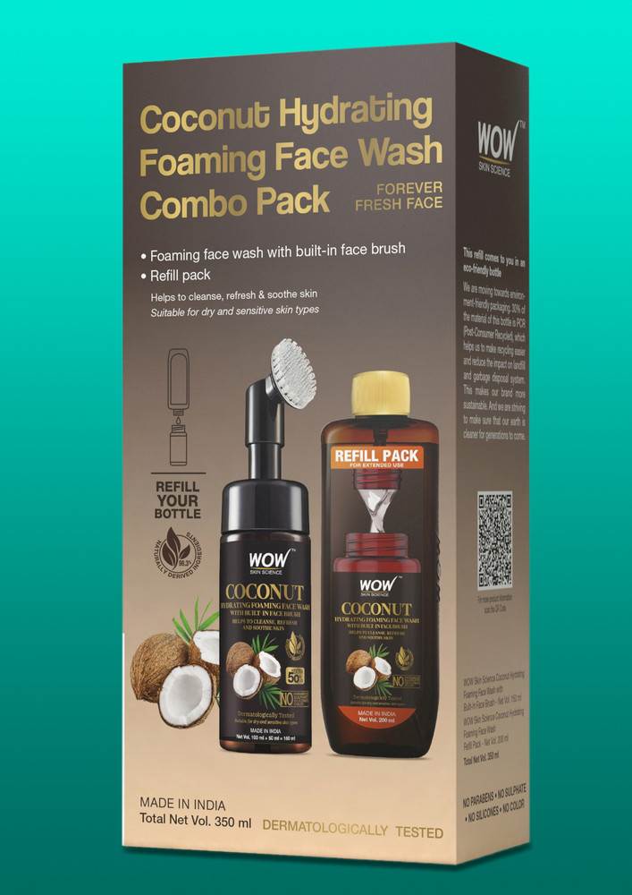 Wow Skin Science Coconut Foaming Face Wash Combo Pack- Consist Of Foaming Face Wash With Built-in Brush & Refill Pack - No Parabens, Sulphate, Silicones & Color - Net Vol. 350ml