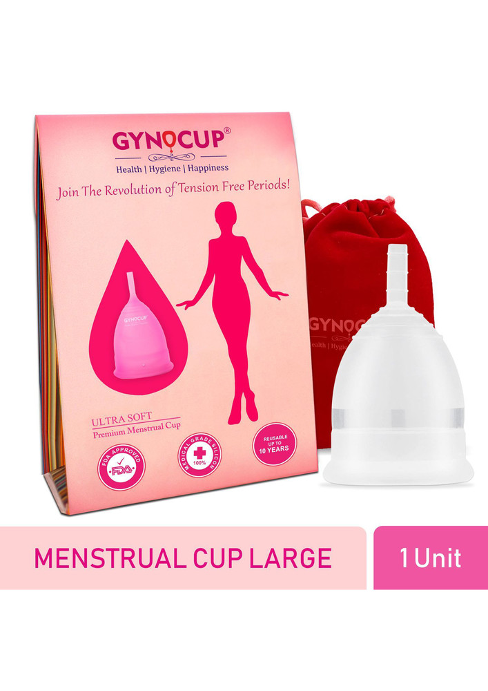 GynoCup Reusable Menstrual Cup for Women| | Large Size with Pouch |Transparent Color| 100% Medical Grade Silicone | Wearable Upto 12 hours | No leakage | Ultra Soft, Odour & Rash free | FDA Approved