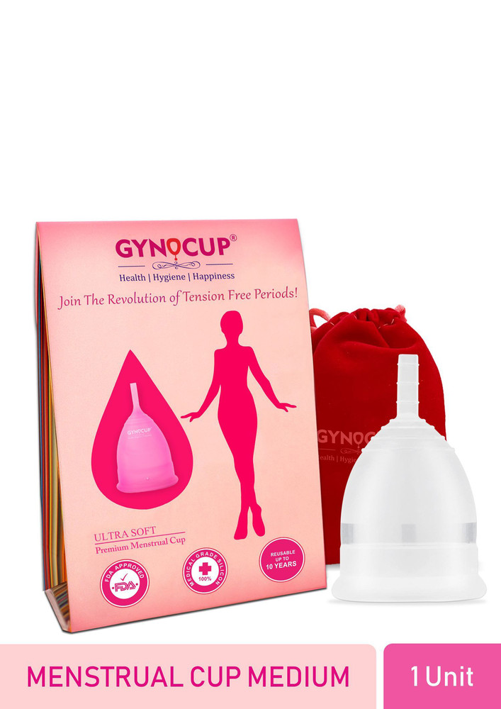GynoCup Reusable Menstrual Cup for Women| | Medium Size with Pouch |Transparent Color| 100% Medical Grade Silicone | Wearable Upto 12 hours | No leakage | Ultra Soft, Odour & Rash free | FDA Approved