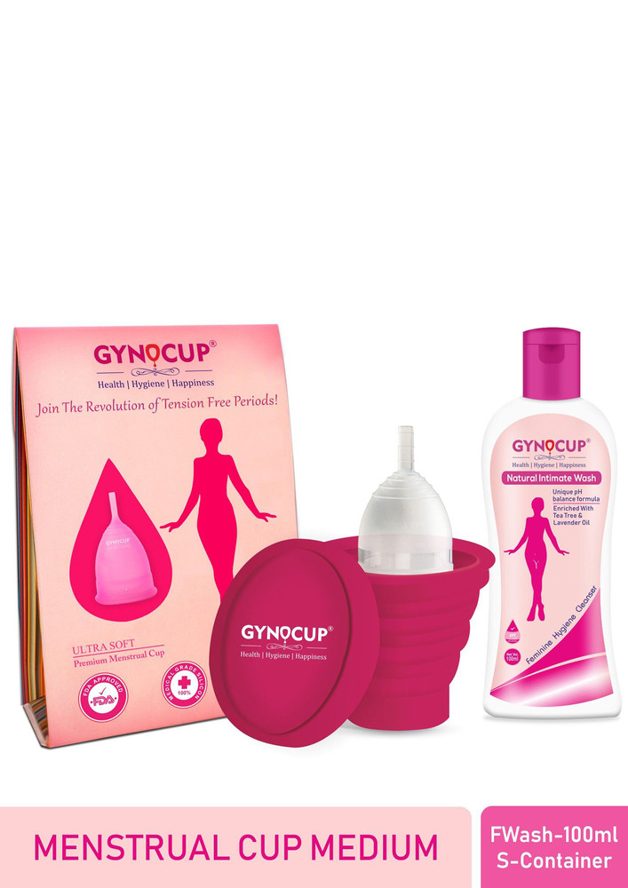 GynoCup Premium Reusable Menstrual Cup for Women's |Medium Size| Transparent Color| With Menstrual Cup Sterilizer Container| Women Intimate Wash 100ml(Combo)