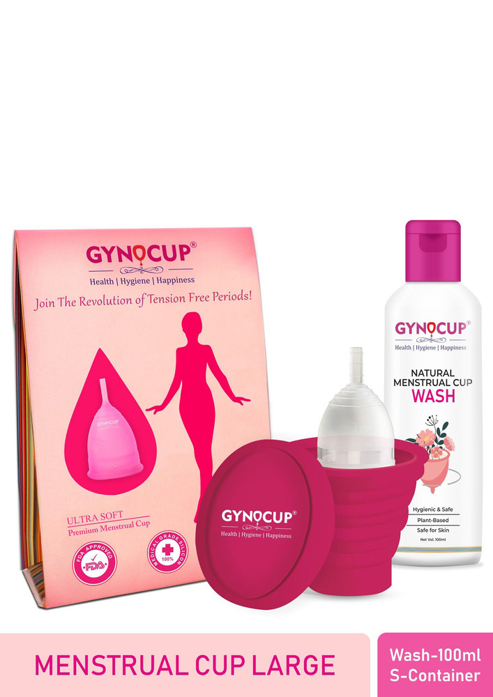 GynoCup Premium Reusable Menstrual Cup for Women's| Large Size|Transparent |With Menstrual Cup Sterilizer Container|& Menstrual cup Wash 100ml(Combo)