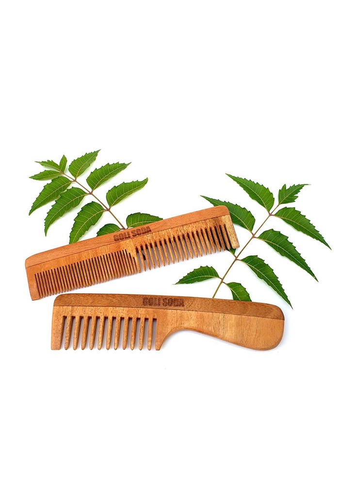 Goli Soda Neem Wood Combs - Wide Tooth with Handle & Double Tooth