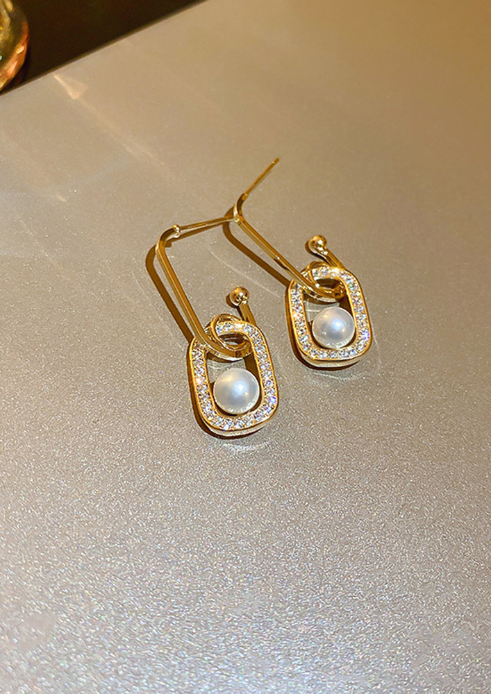 Rhinestone Beaded Pearl Detail Golden Earrings
