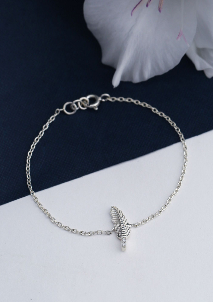 Silver Feather Rhodium Bracelet In 925 Sterling Silver