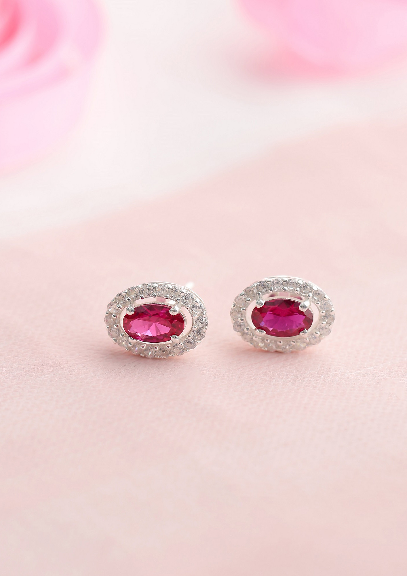 Oval Red American Diamond Rhodium Studs in 925 Sterling  Silver
