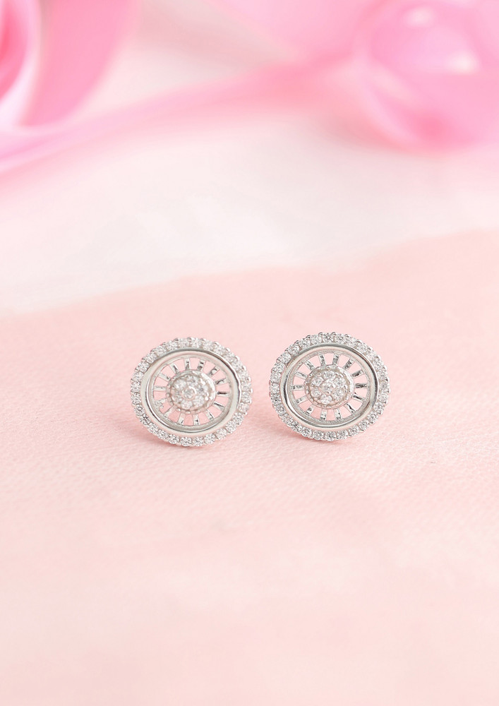 Round Halo Cz Studded Rhodium Studs In 925 Sterling Silver