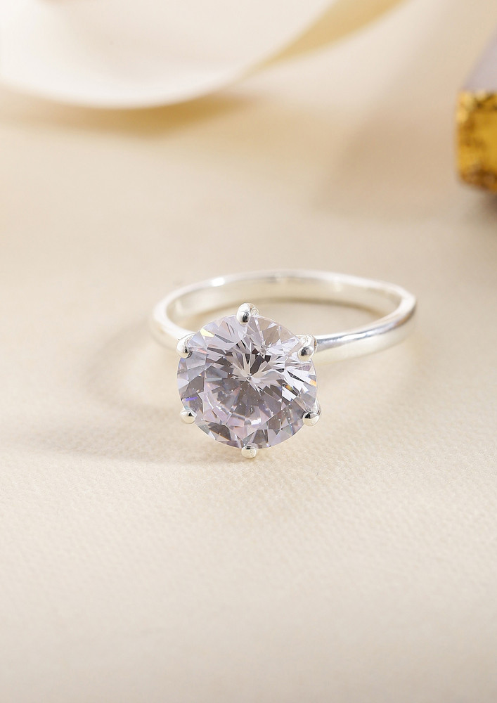 Round Cz Solitaire Rhodium Ring In 925 Silver