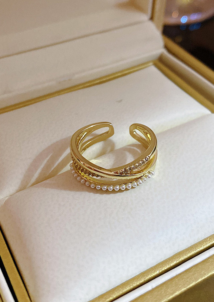 Gold-toned-beaded-rhinestone-pearl Diconnected Ring