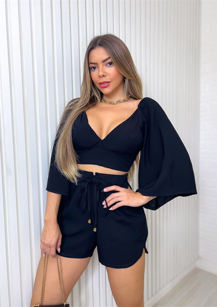 SOLID TWO PIECE BLACK TOP-SHORTS SET