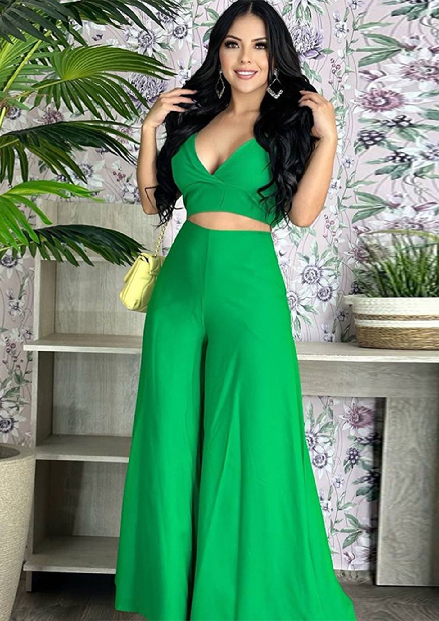 Green Satin Wrap Trouser Set, Plus Size 2 Piece Crop Top and