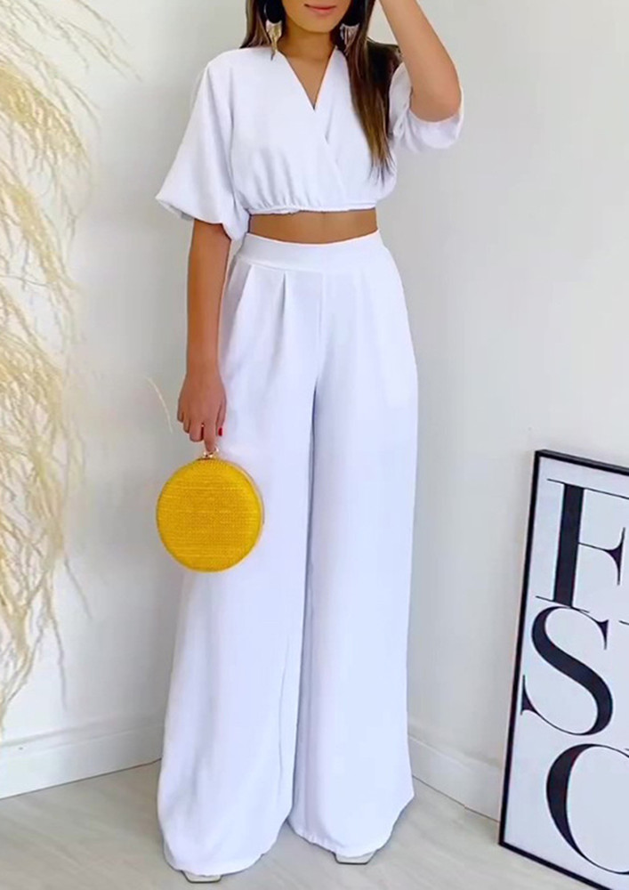 WHITE WRAP-TOP AND WIDE TROUSER SET